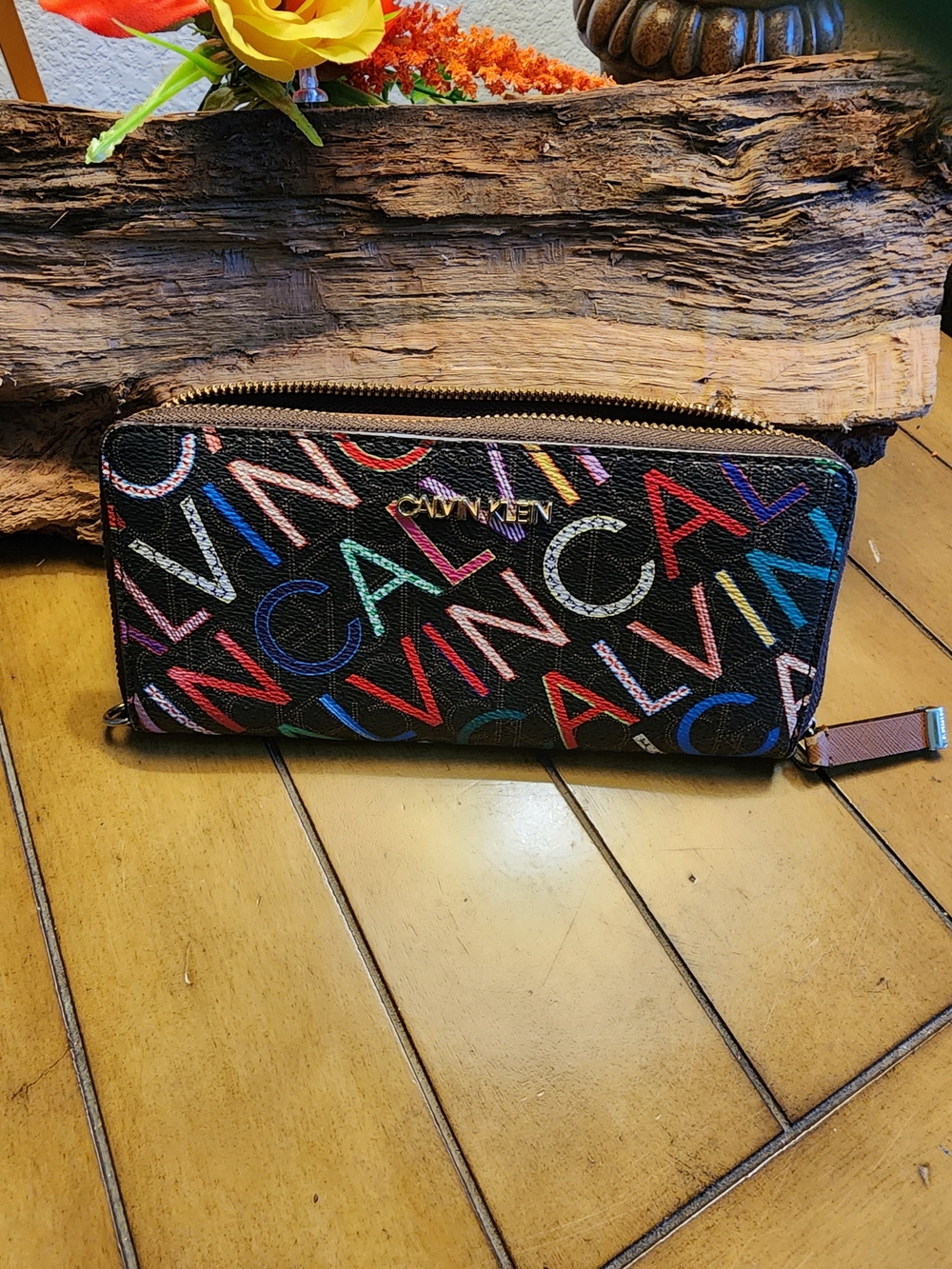 Calvin Klein Black Zip-Around Wallet with Multicolor Logo Print
